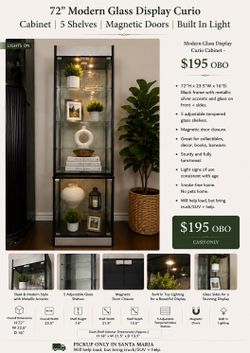 72" Modern Glass Display Curio Cabinet w/ Built-In Light $195 OBO 5 Shelves