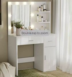 Makeup Vanity Desk with Mirror & Lights,Vanity Desk with Large Drawer & Shelves & Cabinet, 3 Color Modes & Adjustable Brightness, Dressing Table Set f