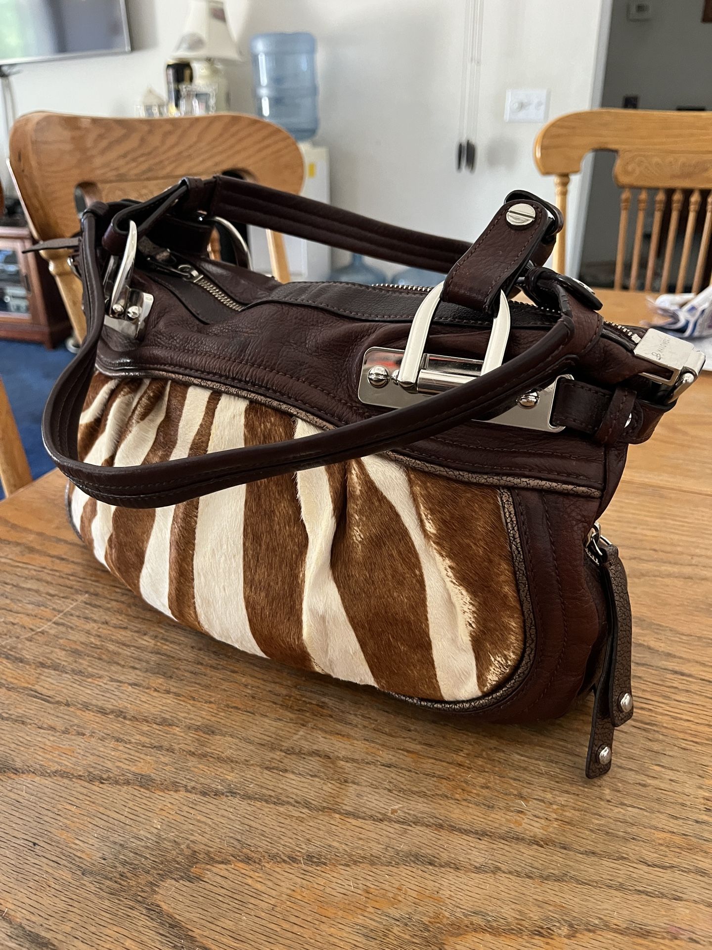 Brown Cowhide Furskin Stripe B. Makowsky Genuine Weighted Quality Leather Purse