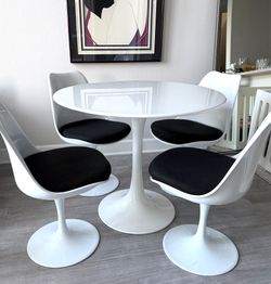Set of 4 White Tulip Dining Chairs with Black Cushions