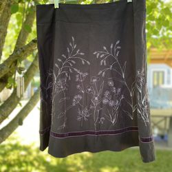 Axcess Liz Claiborne Vintage Y2K 90s Women’s Size 14 Brown A-Line Skirt - Lavender Embroidery, Beads, Silver Sparkle Thread, Velvet Trim