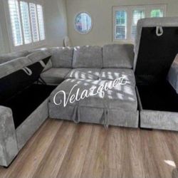 ✅️✅️4 pc Grey  corduroy fabric sectional sofa with storage chaise and love seat and pop up sleep area in center USB charging✅️✅️