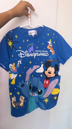 Vintage Disney Hong Kong Disneyland blue t-shirt with Mickey Mouse, Stitch, Goofy, Donald Duck, and Chip and Dale