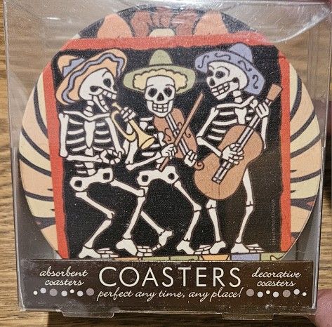 HOLLOWEEN /DIA DELOS MUERTOS ABSORBENT DECORATIVE SET OF 4 COASTERS NEW