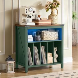Large Record Player Table with Charging Station & LED Lights, Green Vinyl Record Storage Cabinet Holds up to 230 Albums, Turntable Stand with Display 