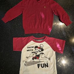 Size 3T Toddler Boys Christmas Red Sweater Baby Gap and Disney Junior Mickey Mouse Shirt