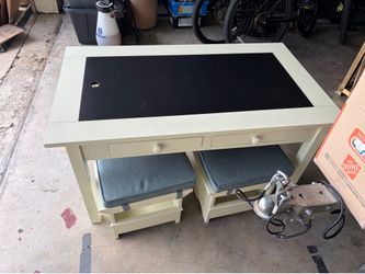 Kids Art Table, 4 Stools, and a Box of Art Supplies