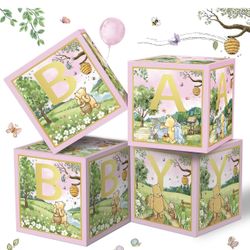 New Classic Winnie Baby Shower Boxes Pink for Newborn Baby Girl Boy, Vintage Winnie Bear First 1st Birthday Party Decorations the Pooh Theme Box Block