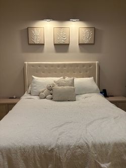 Cream Queen Bed frame, Mattress, Box Spring