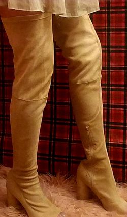 Public desire soft suede open toe thigh-high fitted boots suede