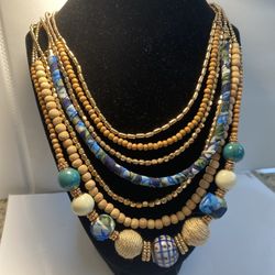 Ivory & Blue Beaded Gold Tone. Necklace Length 18”