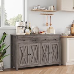  4-Doors 2-Drawers Farmhouse Buffet Cabinet with Storage, Wood Sideboard with Adjustable Shelves, Gray