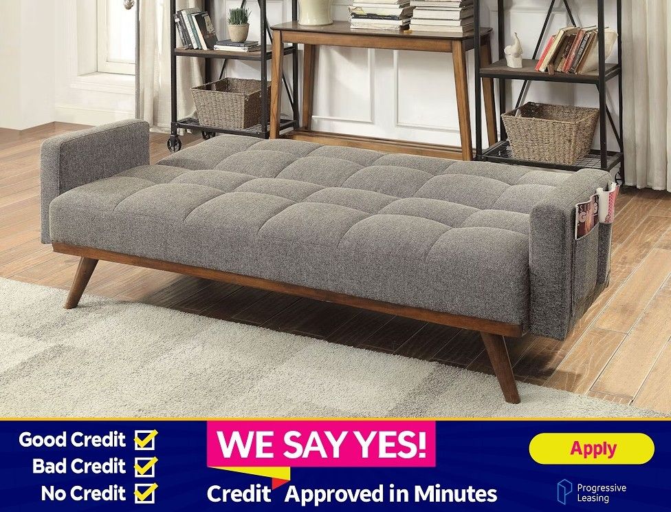 FINANCE TODAY! - Gray Linen Mid Century Style Couch Futon Sofa Bed