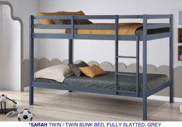 Twin bunk bed. Available in espresso, white, & grey. Bunk bed only-$220. With mattresses-$399. Assembly required. Assembly not included. Tax included.