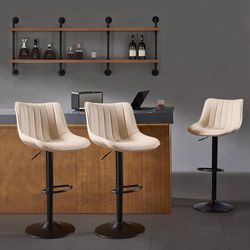 Bar Stools Set of 3, Swivel Counter Height Bar Stools, Adjustable PU Leather Bar Chairs with Back and Footrest, Modern Armless Counter Stools, Island 