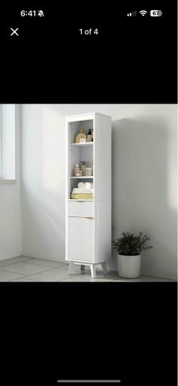 68” Tall White Storage Cabinet – Bathroom Linen Tower with Drawer & Shelves