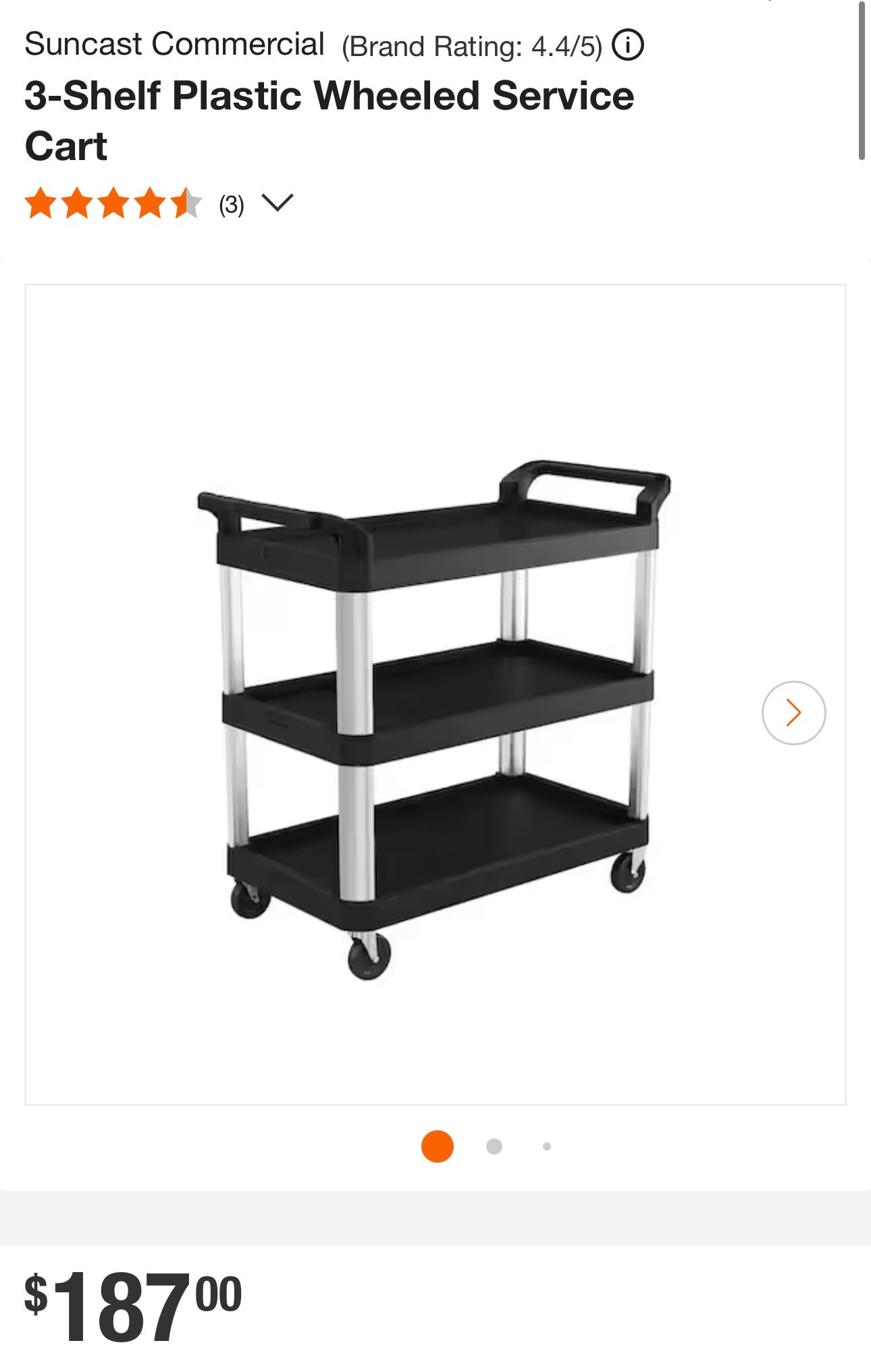 3-Shelf Plastic Wheeled Service Cart