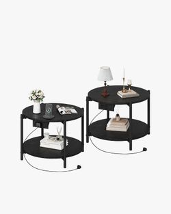 2-pack 23.6” Round End Table with Charging Station, 2-Tier Industrial Nightstand
