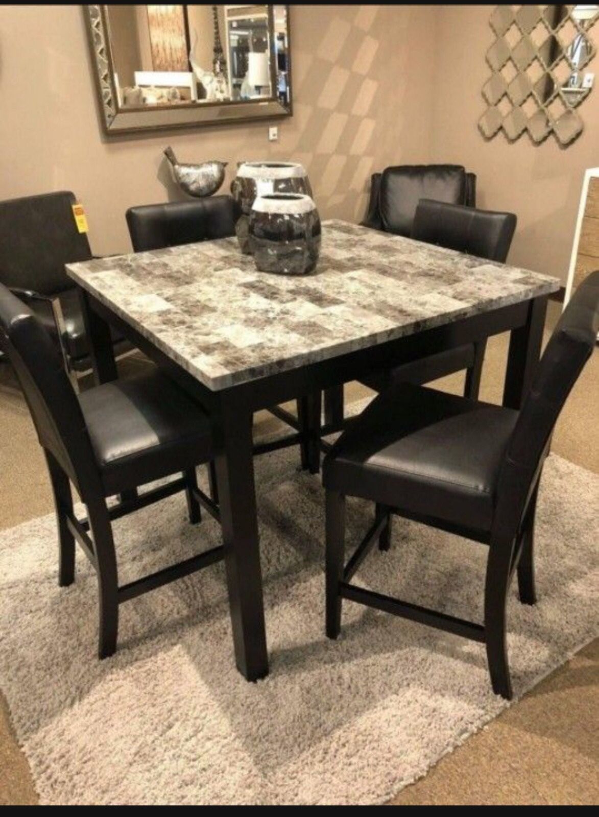 Marble Dining Table and Black Counter Height Bar Stools Pc