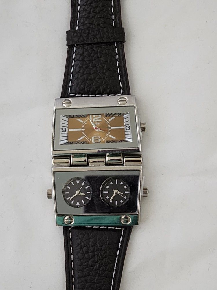 Men's Watch Analog Brown Leather Strap 3 Sub-Dials
