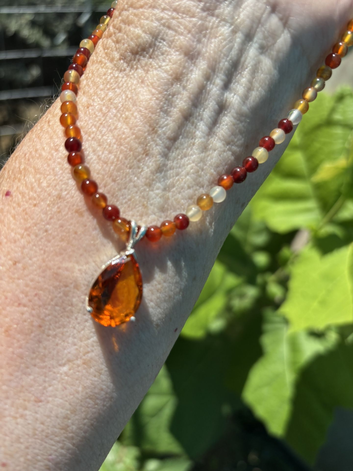 Citrine Pear Pendant On 17” Multicolored Citrine Bead Neck