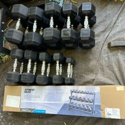 5-50lb Hex Rubber Dumbbell Set With Rack 550lbs
