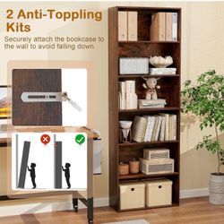 6-Tier Bookcase, 70” Tall Freestanding Bookshelf with 6 Open Shelves, Anti-Toppling Kits, Floor Display Storage Organizer for Living Room, Study, Kitc