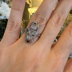 18K Gold Art Deco Ring With Natural Diamonds And Trillion Cut Sapphires