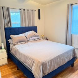 Blue Upholstered Queen Bed Frame, Box Spring And Mattress