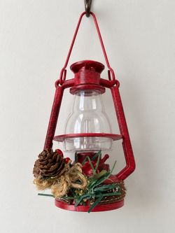 Red Christmas Lantern Decoration with Pinecone & Greenery, 4.5” x 2”