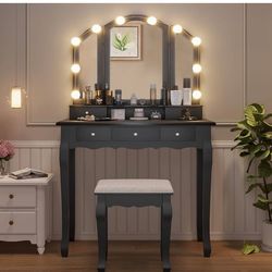 Vanity Desk, Makeup  with Lighted Tri-fold Mirror and Stool, Black D-11