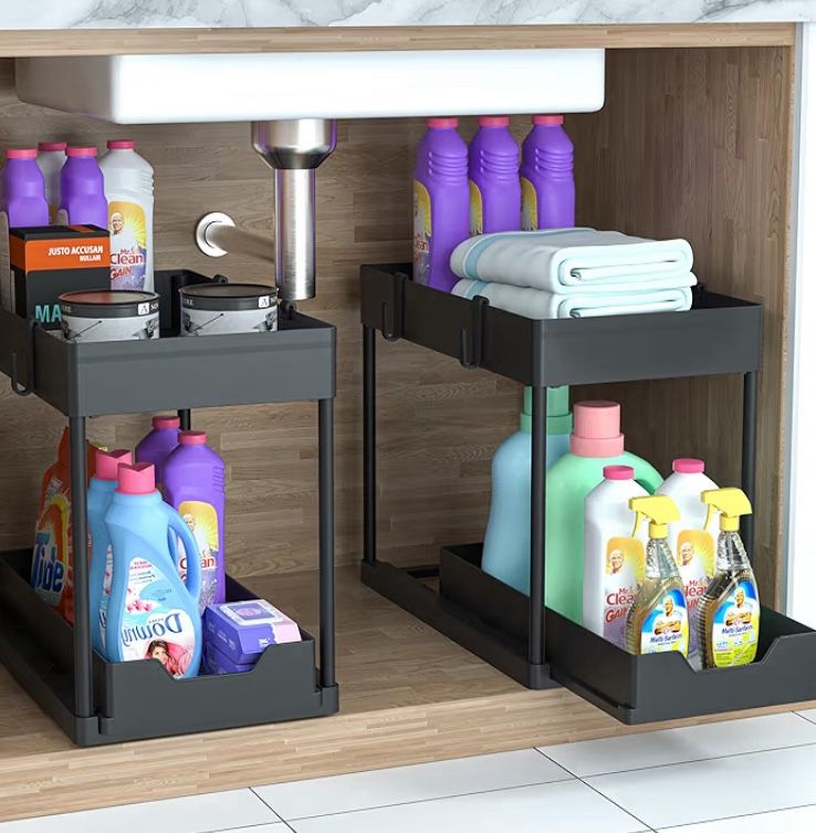 Under Sink Organizers (2 Pack), Bathroom Cabinet Organizer, Slide out, 2 Tier Sliding Cabinet Basket Organizer Drawer, Multi-Purpose Bath Collection B