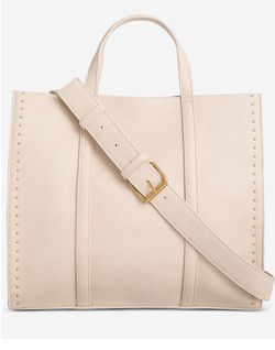 Cream Leather Tote Bag with Gold Studs