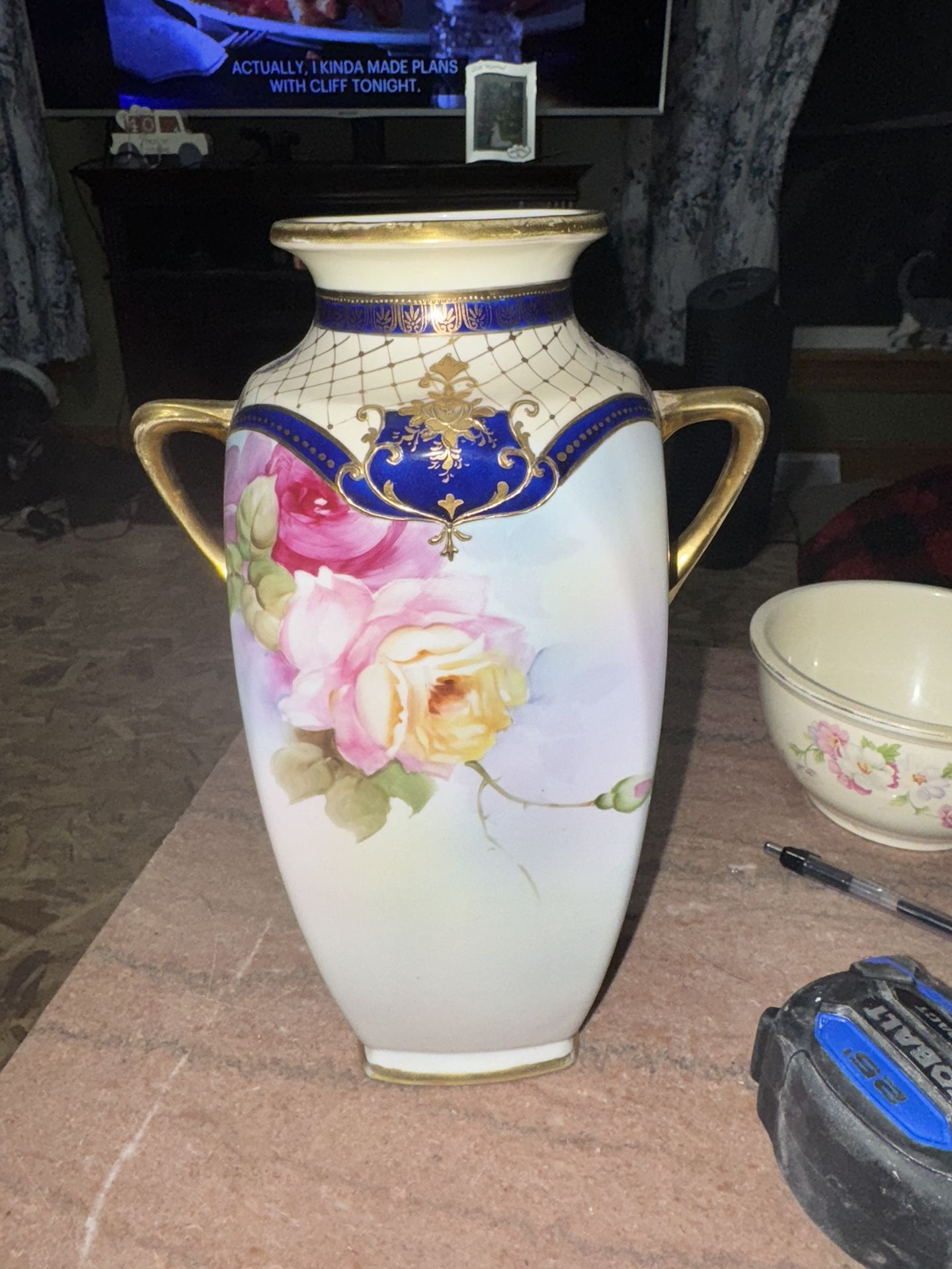 Antique Morimura Nippon Pink Rose Gold Hand Painted Porcelain Vase