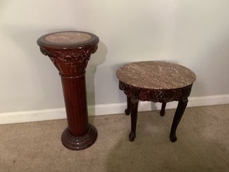 Carved Wood Marble Top Pedestal & Accent Table Set of 2