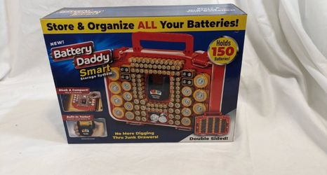 Battery Daddy Smart Battery Storage Box Holds 150, Lidded Handle, Red Plastic