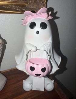 NEW Ghost Girl with Pink Bow, Pink Pumpkin Bucket & Cat Slippers.