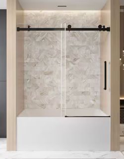 Frameless Single Sliding Showerdoor 60 W x 60 in. H,1/4 in. (6 mm) Clear Tempered Glass,Explosion Proof Film,Matte Black