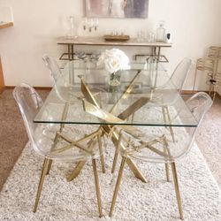 Modern Glass Dining Table Set w/ Gold Base & Acrylic Chairs
