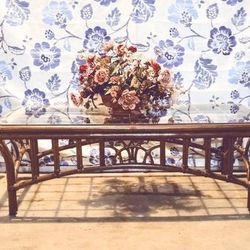 Vintage Boho Rattan Glass Top Coffee Table