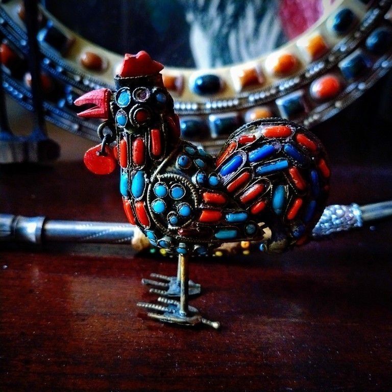 19th Century Handmade Bird with Inlaid Turquoise, Lapis Lazuli Stone and Coral 