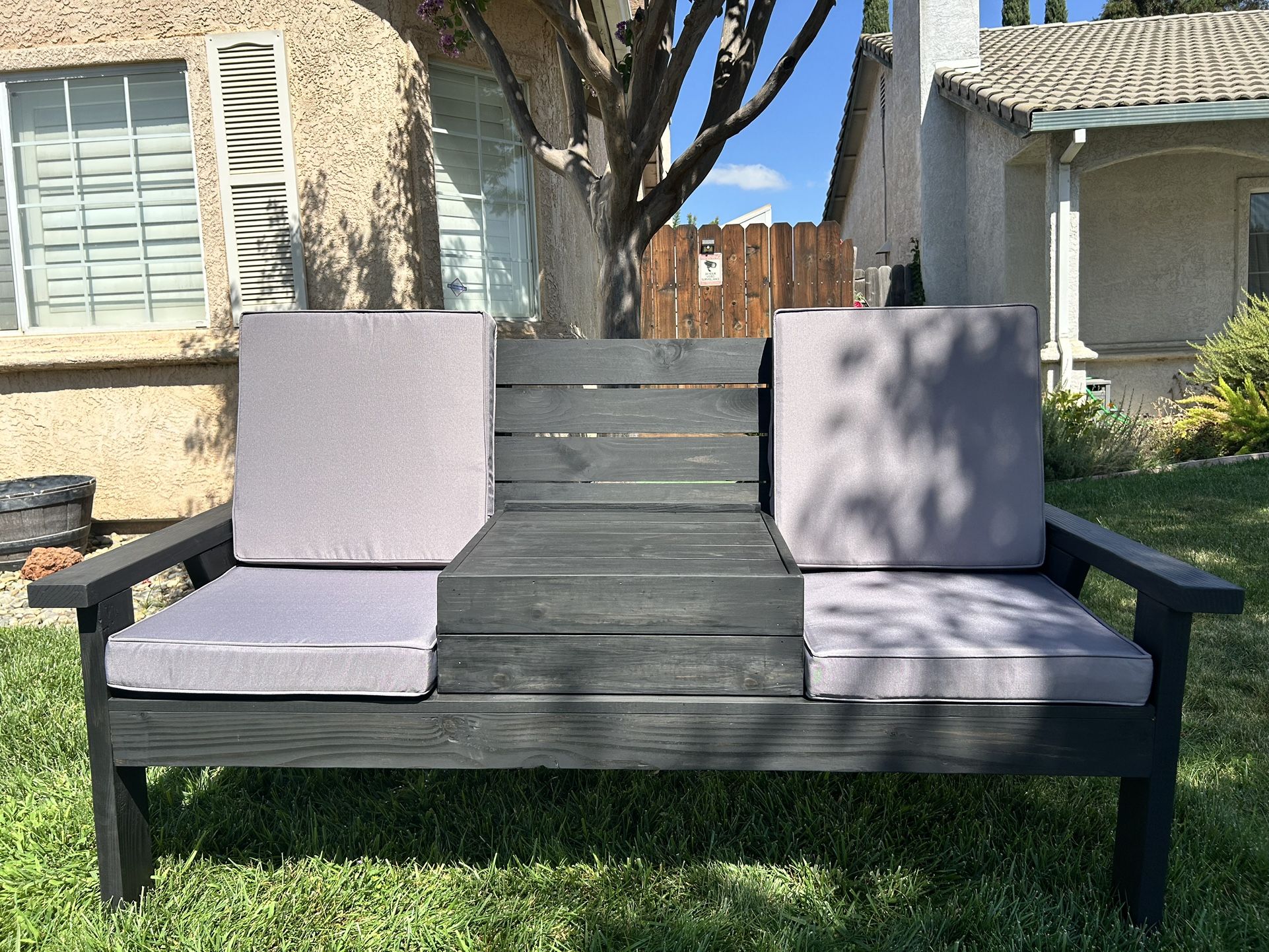 2 Seat Outdoor Patio Wood Sofa Bench with  Attached Middle Coffee Table