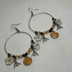 Halloween Pumpkin, Ghost enamel Charm Hoop Earrings