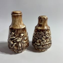 Vintage Carved Raised Relief Salt and Pepper Ceramic Shakers
