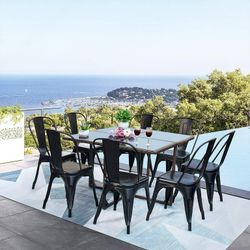 New Heavy Duty 9-Piece Outdoor Dining Set, Wicker Table and Metal Chairs with Tempered Glass Top, Dining Table Set for Balcony, Porch, Backyard, Garde