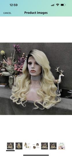 24 inches Blonde Lace Front Wig Long Wave Synthetic Hair Dark Root Ombre Blonde Natural Looking 13x3" Deep Part Wigs for Cosplay Party Halloween (TB61