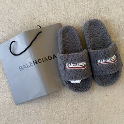 Grey Balenciaga Fur Slides