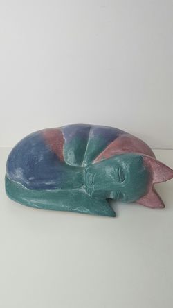 RARE colorful 10" Purple Wood Hand Carved sleeping CAT Statue made in Indonesia