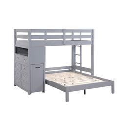 Brand New Gray Twin/Full Loft Bunk Bed with Chest and Hidden Desk