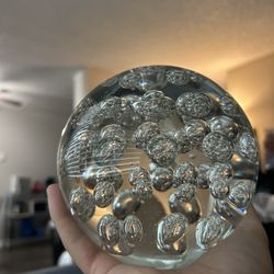Large Clear Art Glass Orb Sculpture or Paperweight with Bubbles